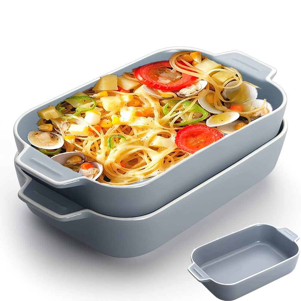 YFWOOD 2PCS Ceramic Baking Dishes, 9x5 Inch Individual Lasagne Pans, Anti-Crack Oven Safe with Handles (Blue)
