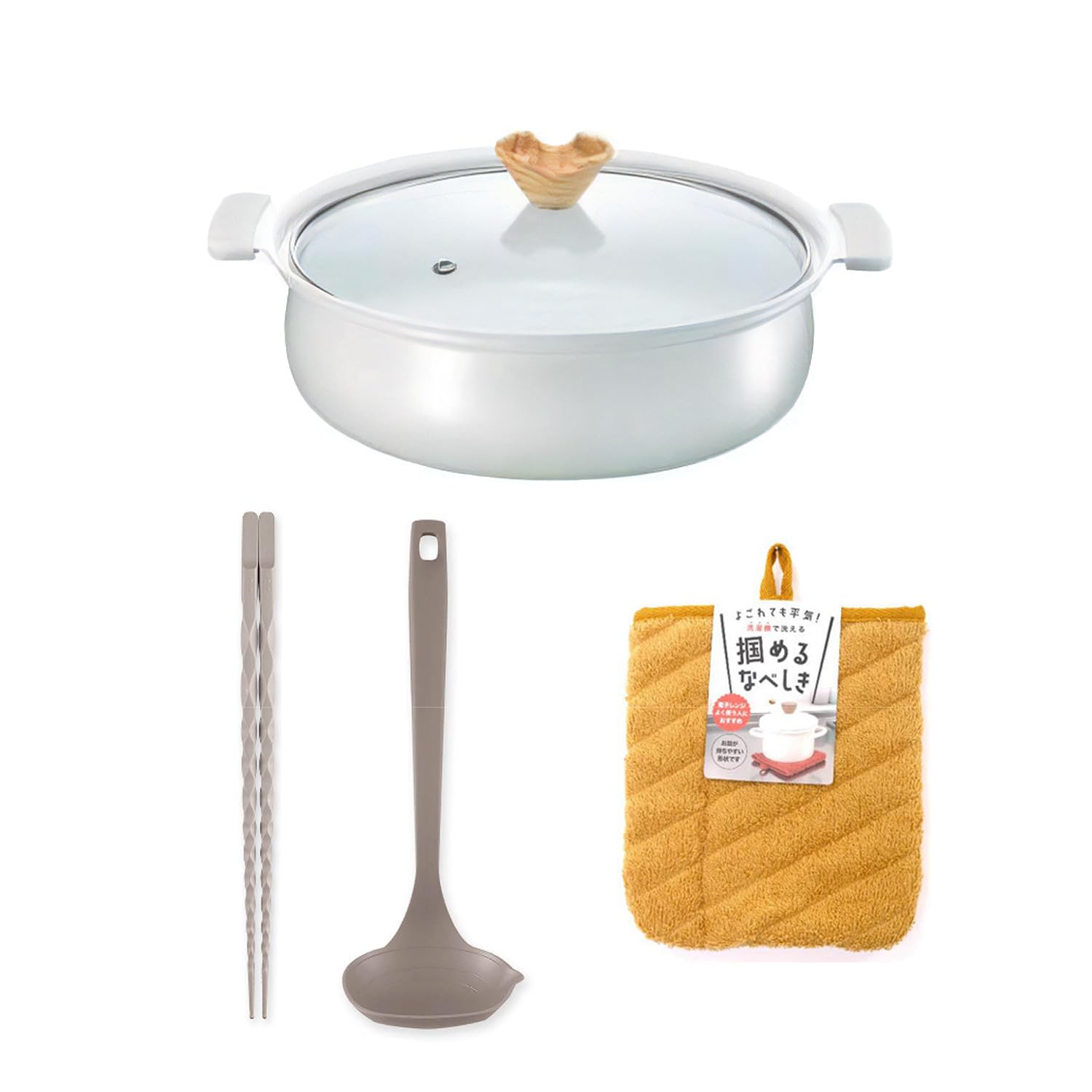 カクセー CT-25 コロント セラミックコーティング 卓上鍋 グレー 24cm ナイロンお玉 握りやすい菜箸 ベージュグレー サンベルム 掴めるなべしき