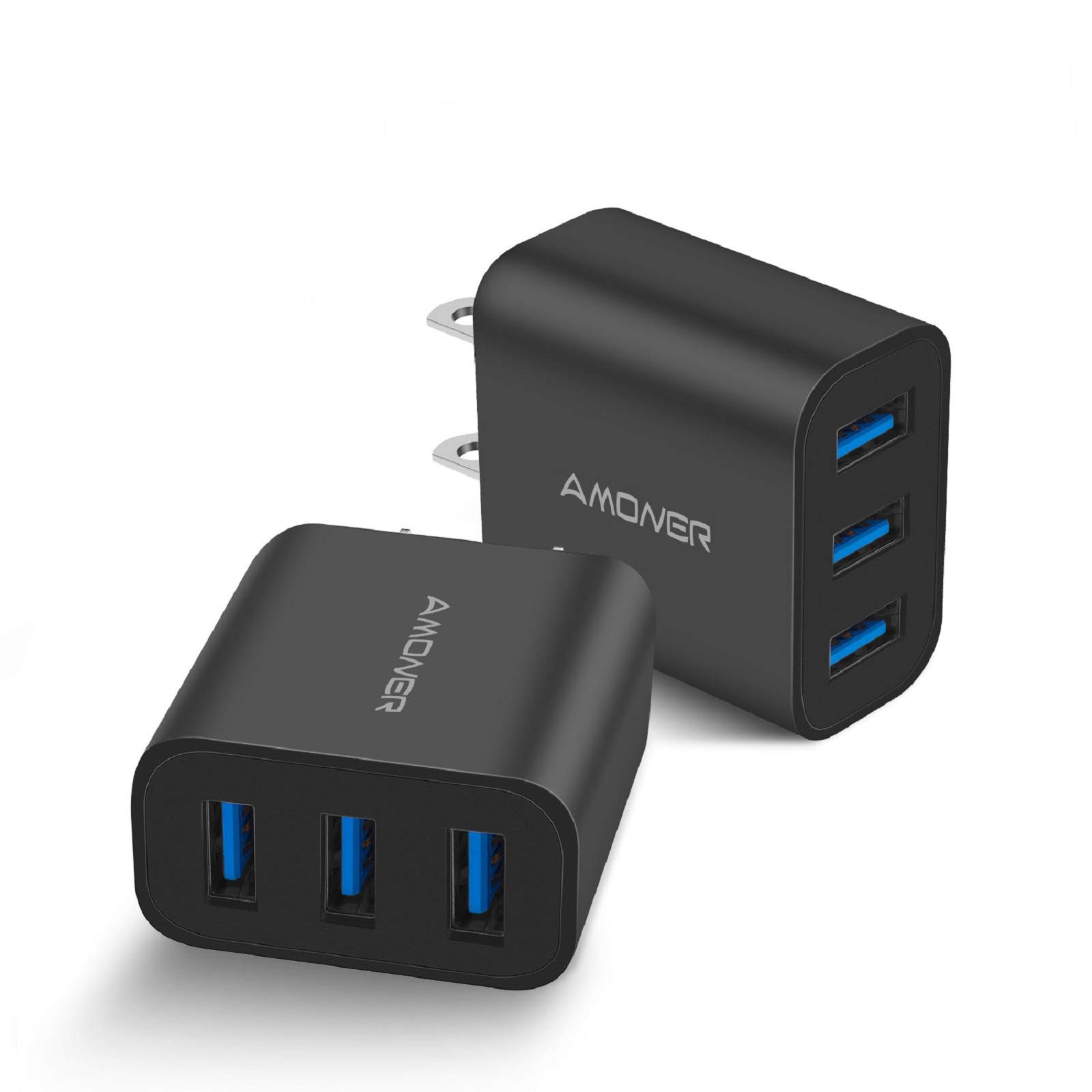 Amoner Wall Charger, Upgraded 2Pack 15W 3-Port USB Plug Cube Portable Wall Charger Plug for iPhone 13/12/mini/Pro/Max/11/Pro/Xs/XR/X/8/7/Plus, Galaxy10/9, Note10/9, and More