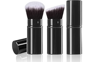 Keriloo Retractable Kabuki Makeup Brush, 2 Pack Travel Angled Powder Foundation Blush Brush Set for Blending Liquid, Bronzer, Buffing, Concealer, Blush, Highlighter, Flawless Cosmetics