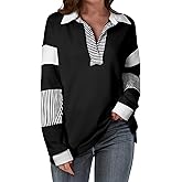 BLENCOT Women Oversized Sweatshirts Color Block Long Sleeve Loose V Neck Fall Outfits 2024 Fashion Slit Pullover
