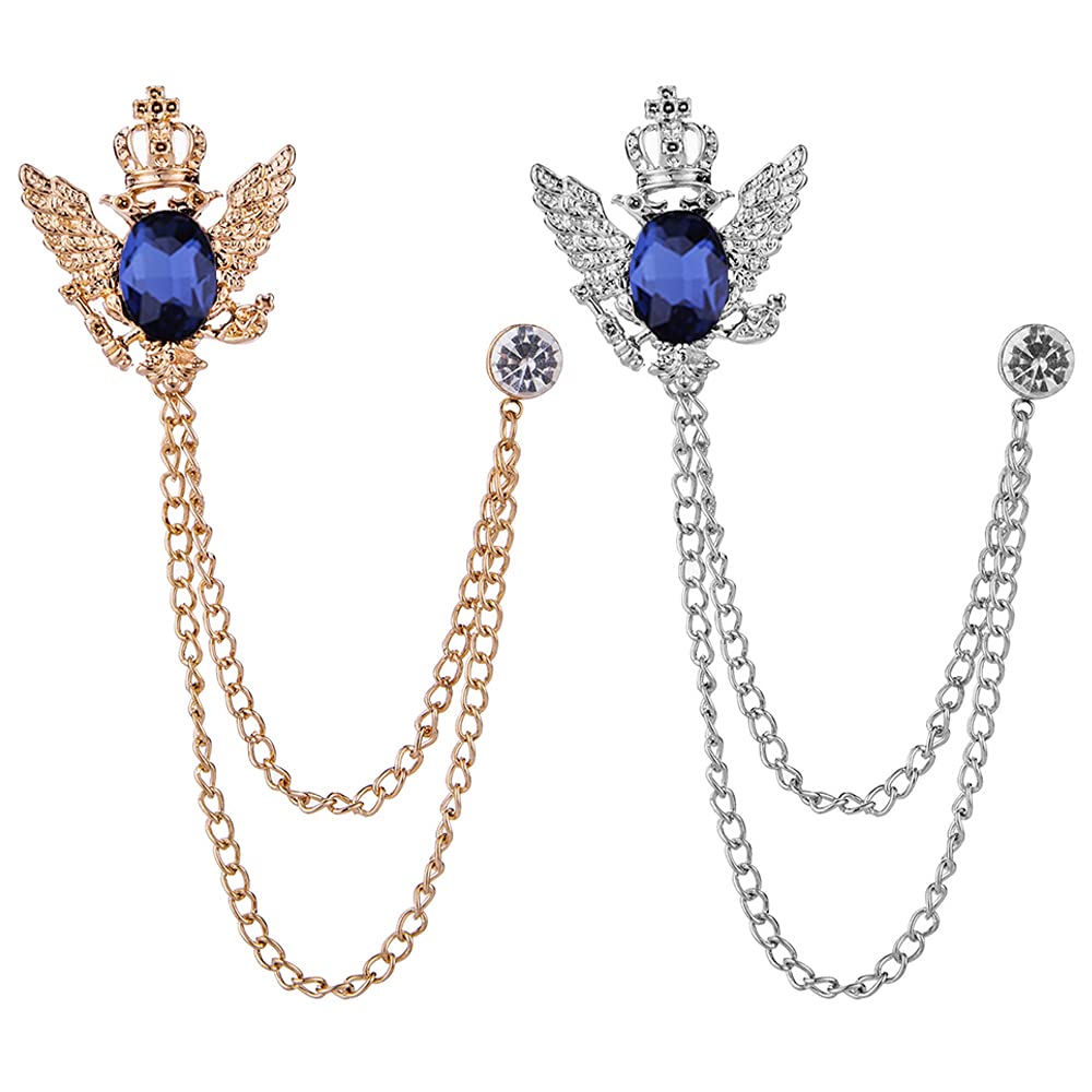 Xihuimay 2pcs Men's Brooch Pin Bridegroom Crystal Brooches Coat Safety Pin Rhinestones Breastpin for Wedding Banquet Bouquet Decorate Clothes Scarves Hats Corsage Jewelry Accessory, Gold Silver Blue