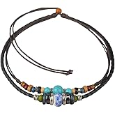 Ancient Tribe Boho Layered Leather and Hemp Choker Necklace with Turquoise and Ceramic Beads – Adjustable Double Cord Jewelry for Men and Women, 15 Inch Inner Cord