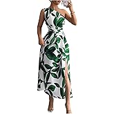OYOANGLE Women's One Shoulder Slit Thigh Belted Maxi Dress Graphic Elegant Flowy Vacation Sundress