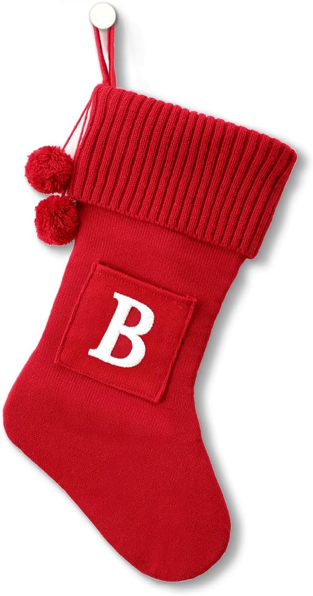 Stockings & Holders - 20 Inches Initial Monogram Embroidered Christmas Stocking knitted Christmas Decorations Stocking Red,White With A Pockets Letter Stockings for Family Holiday and Xmas Tree Fireplace Décor-56-B-Red