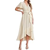 KUTUMAI Women 2024 Swiss Dot Maxi Dress V Neck Wrap Belted Ruffle A Line Flowy Boho Wedding Guest Long Dresses