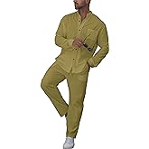 RPOVIG Linen Shirt Sets Outfits:Men's 2 Pieces Henley Shirts Long Sleeve Loose Yoga Pants Beach Clothing