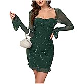 URYIAO Women's Sheer Long Sleeve Sequin Bodycon Mini Dress Sexy Sparkly Ruched Mesh Party Going Out Dresses