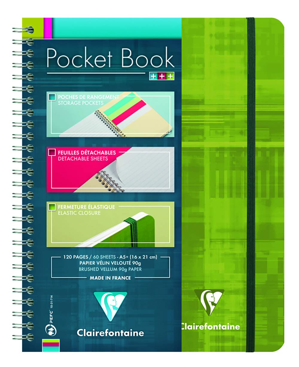 Clairefontaine 68566C Set of 5 Pocket Book Spiral Notebooks - A5+ 16x21cm - 120 Detachable Lined Pages with 3 Dividers - 90 g Paper - Cover - Random Colours