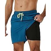 SILKWORLD Mens Swimming Trunks with Compression Liner 2 in 1 Quick-Dry Swim Shorts with Zipper Pockets