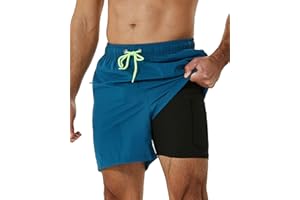 SILKWORLD Mens Swimming Trunks with Compression Liner 2 in 1 Quick-Dry Swim Shorts with Zipper Pockets