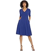 Donna Morgan Women's Dresses Stretch Crepe Elbow Sleeve V-Neck Fit and Flare Midi Dress