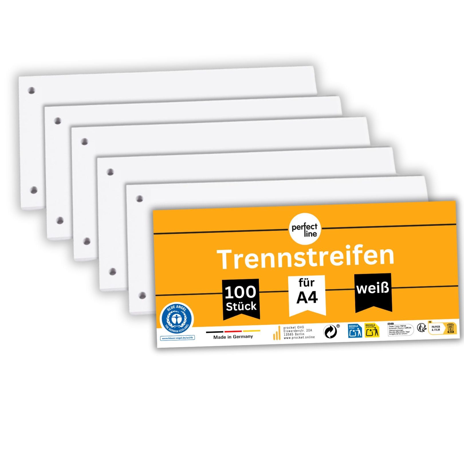 perfect line 100 Divider Strips for A4 folders, dividers for Ring Binders Made of Recycled Cardboard, Made in Germany, White, Perforated