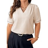 Eytino Plus Size Tops for Women Dressy Casual Pleated V Neck Short Sleeve Business Work Office Blouses Shirts(1X-5X)