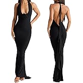 Women Sexy Backless Dress Halter Deep V Neck Detachable Flower Sleeveless Open Back Maxi Dress Cocktail Prom Formal Dresses