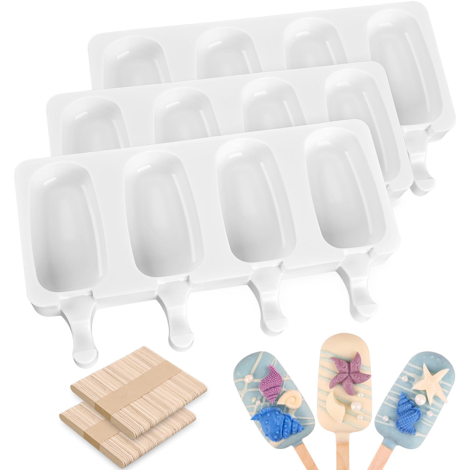 Photo 1 of Sakolla Mini Popsicle Silicone Molds, 4 Cavities Homemade Ice Cream Molds with 100 Wooden Sticks for Ice Pop, Cakesicles, Cake Pop (Set of 3, White)