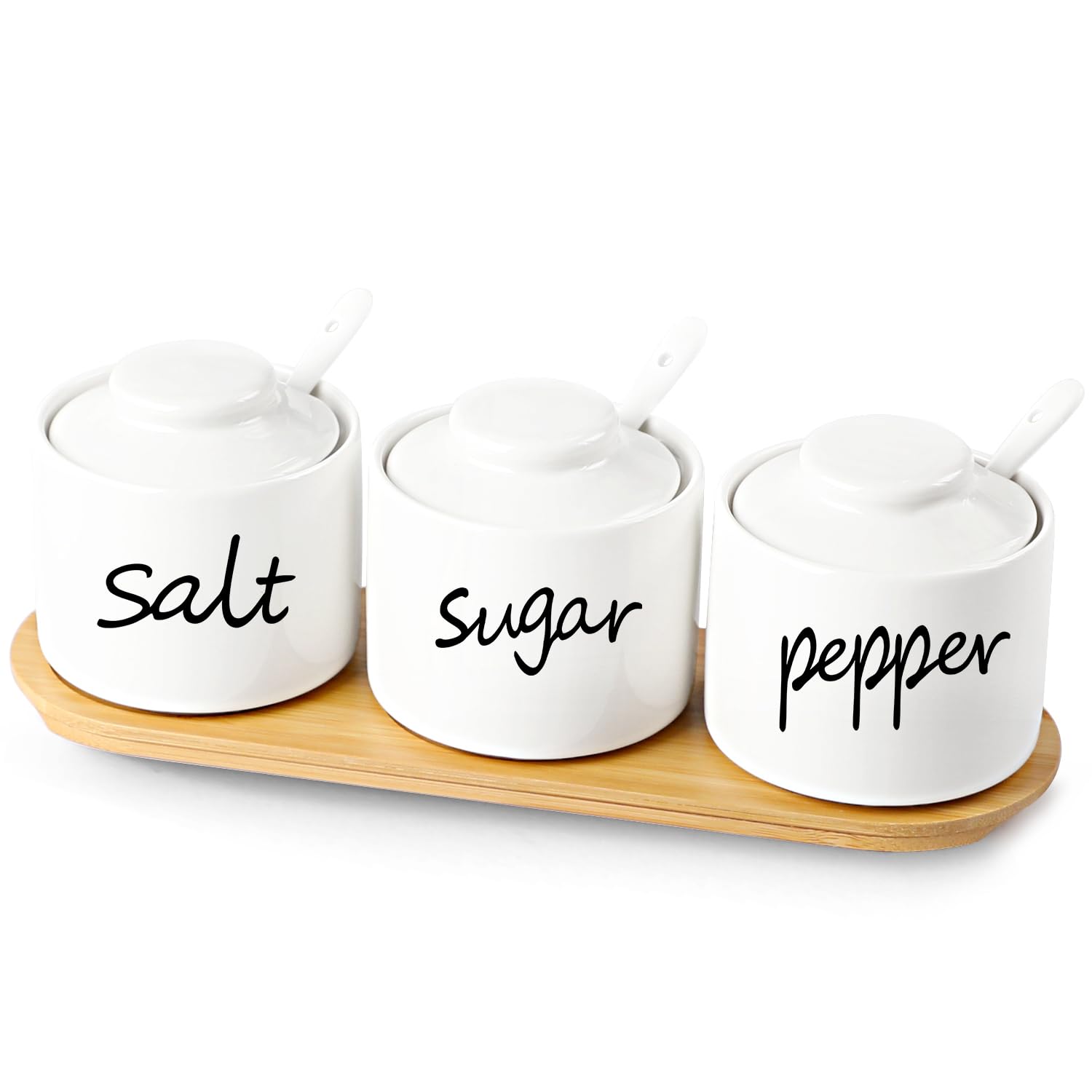 Photo 1 of ONTUBE Farmhouse 8oz, Sugar Pepper and Salt Bowls with Lid and Spoon, Ceramics Condiment Pots,Seasoning Jar Spice Container for Kitchen,Dishwasher Safe (White)
