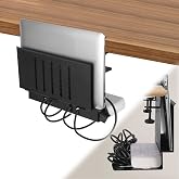 LUKETURE Desk Side Storage,11-4/5" Power Strip Cable Management Tray | 2-in-1 Steel Laptop Stand with Cable Organizer, no drilling. Built-in cable tray hides cords. Holds 22 lbs, Office and Home