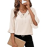 EVALESS Womens Tops Dressy Casual Tie Front Ruffle V Neck 3/4 Sleeve Business Blouses Office Shirts