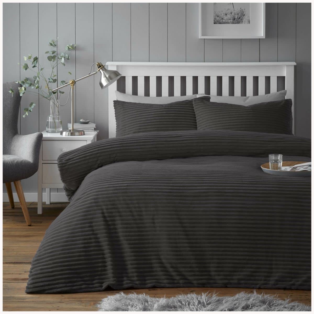GC GAVENO CAVAILIA Teddy Fleece Duvet Cover Chunky Ribbed Bedding, Polyester, Charcoal, Single