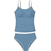 TyeSmo Girls Swimsuit Solid Color Tankini Contrast Trim Swimwear 2 Piece Bathing Suit Padded Swimsuits for Teens 9-16Y