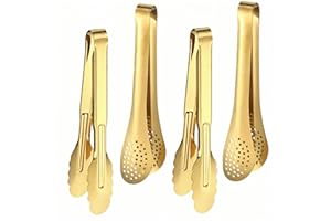 Ceiteo 4 Pack Gold Serving Tongs, Stainless Steel 9 Inch Metal Buffet Food Tongs for Salad, BBQ, Cooking, Fruit