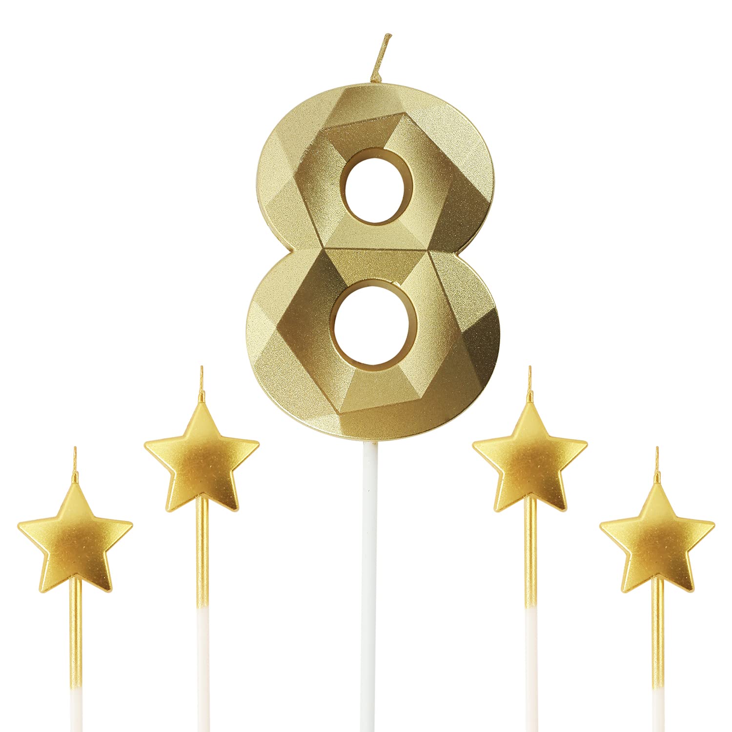 Photo 1 of Golden Number 8 Birthday Candles and Star Birthday Candles 2.76 inch Birthday Cake Candles 3D Diamond Shaped Candles are Suitable for Birthday Parties and Anniversary Cake Decorations Candles(Gold 8)