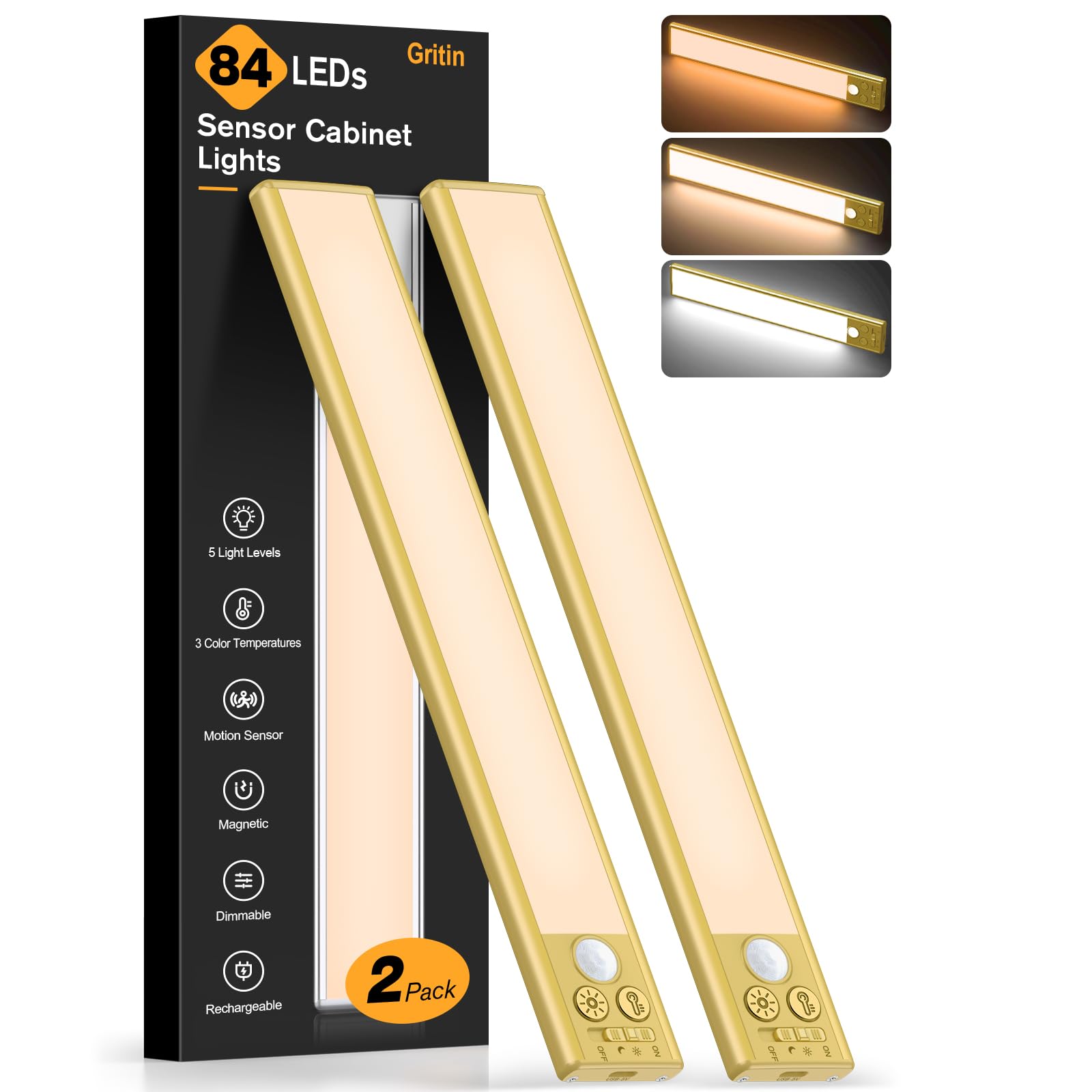 Gritin 10.2inch Under Cabinet Lighting Rechargeable