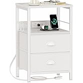 Furologee End Table with Charging Station, Nightstand with Fabric Drawers, Side Tables with USB Ports & Outlets, Night Stand with Storage Shelf & Hooks, for Living Room/Bedroom, White