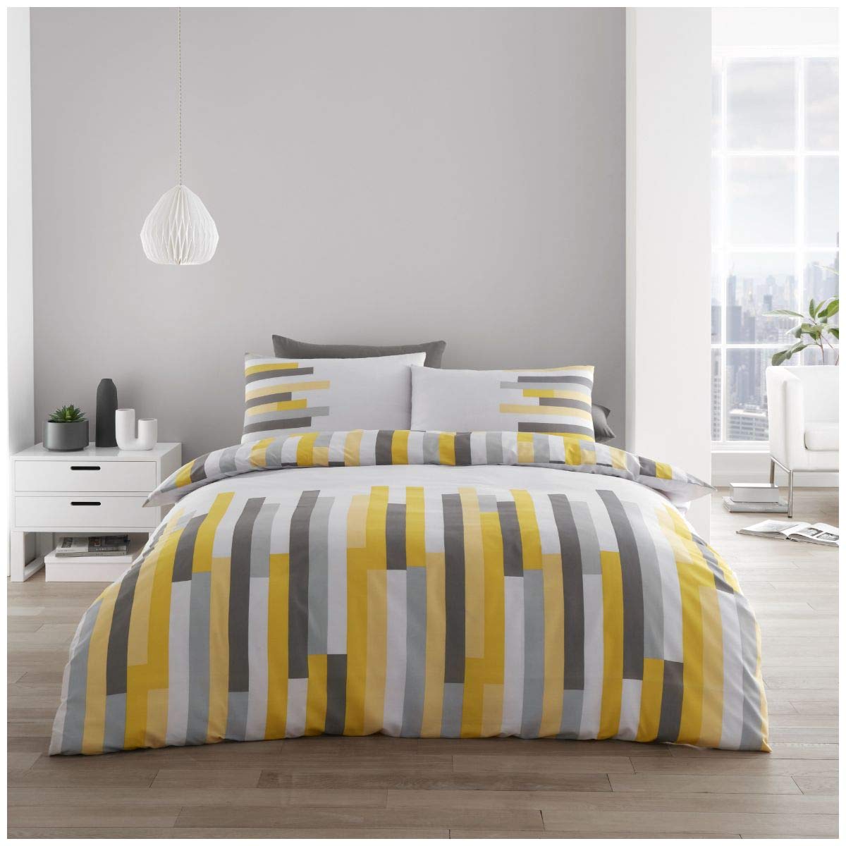 GC GAVENO CAVAILIA Geometric Duvet Cover King Size, Easy Care Poly Cotton Bedding Set, Reversible Bed Covers, Ochre