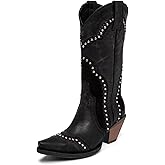 Agodor Cowboy Boots For Women, Cowgirl Ladies Mid Calf Boots with Classic Studded, Pointed Toe Chunky Heel Pull On Fashion Dress Wedding Western Booties