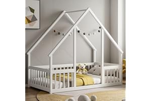 PVWIIK Twin Size Montessori Floor Bed with Fence & Guardrails for Kids Girls Boys,House Floor Bed & Solid Wood Bed Frame,Easy Assembly & No Box Spring Needed, White