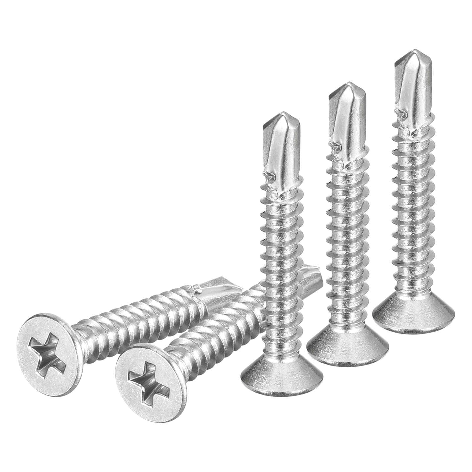 DTGN 50Pcs ST4.8x32mm Self Drilling Screws, 410 Stainless Steel Flat Head Phillips Sheet Metal Screw - Good for Wood to Metal, Furniture - Silver