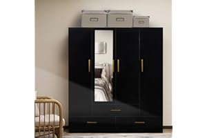 ClassyCabin 4-Door Wood Wardrobe Closet Armoire with Hanging Rod, 3 Drawers, Shelves, Mirror and Metal Handle for Bedroom Storage, Space Saving, Large Capacity Organizer, Black, 63" L x18.9 W x70.8 H
