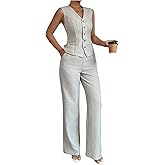 SOLY HUX Women's 2 Piece Outfits V Neck Button Down Vest Tops and High Waisted Pants Set Office Work Suit