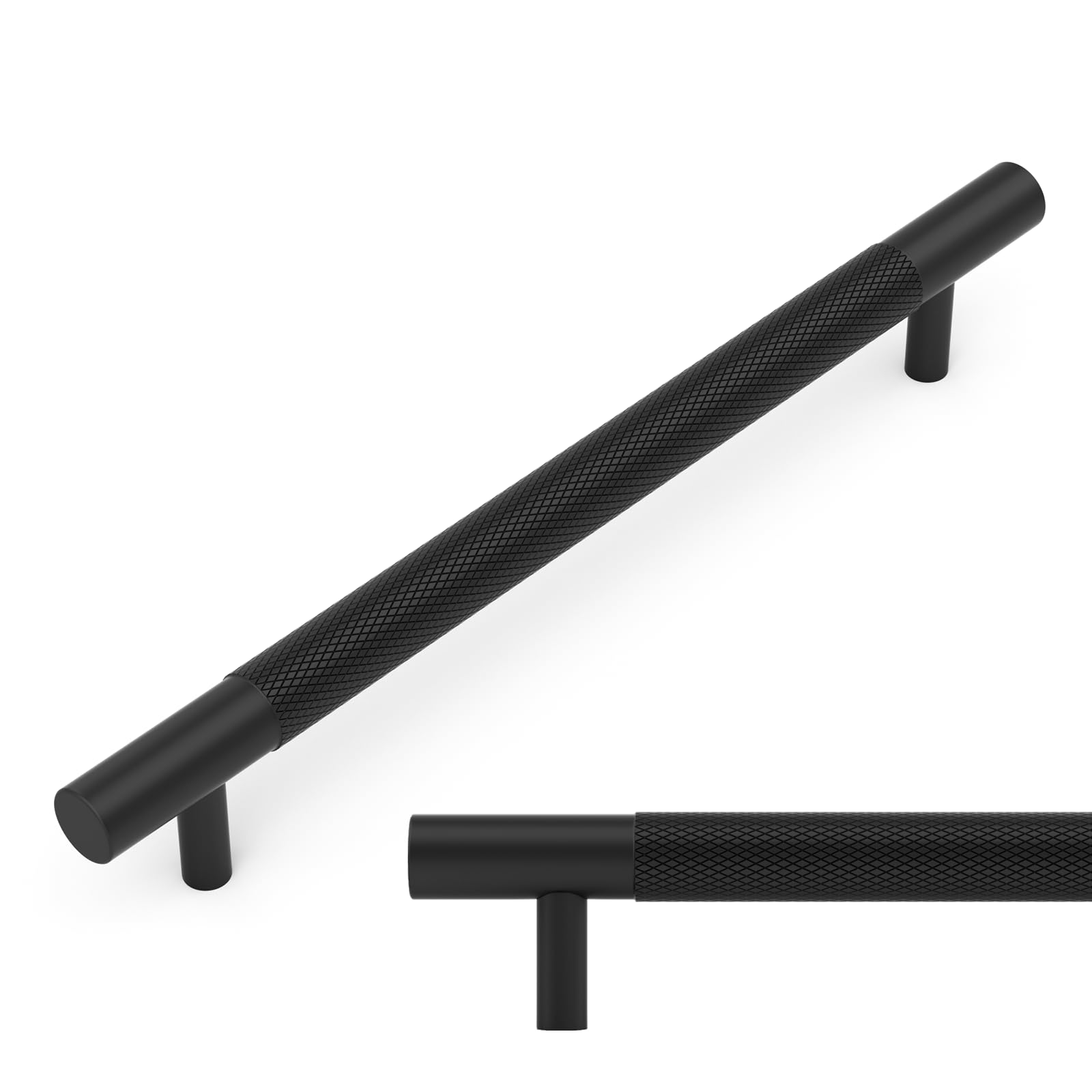 LONTAN 2 Pack Knurled Black Drawer Handles 160mm Hole Centers Black Kitchen Handles Aluminium Alloy