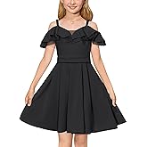GRACE KARIN Girls Elegant Party Dress Cold Shoulder Ruffled Neckline High Waist A-Line Dress for Girls 7-14 Years