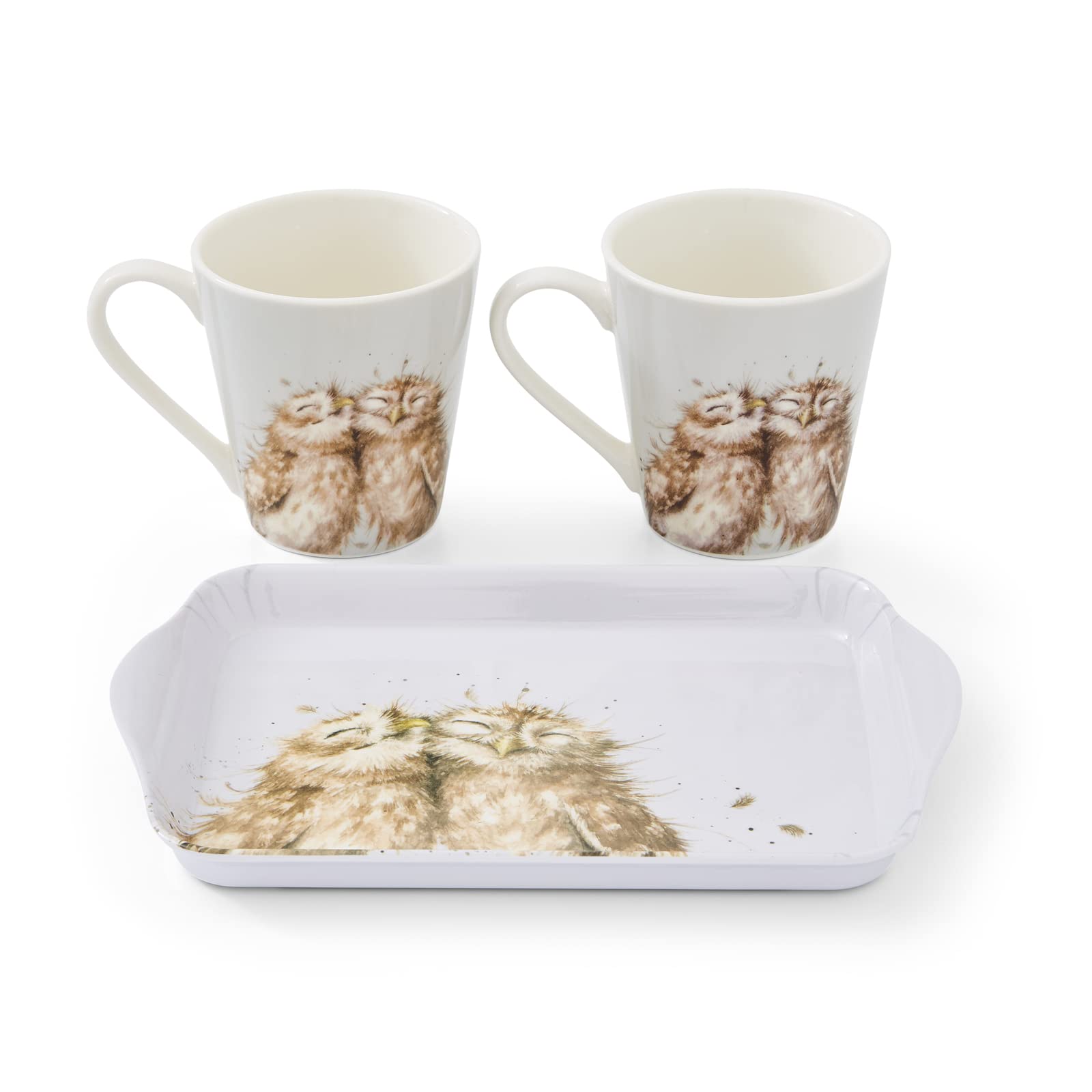 Pimpernel x Wrendale Designs Set of 2 Mugs and Tray Set - Porcelain & Melamine, Suitable for Tea or Coffee Time with Your Partner, Owl Design by Artist Hannah Dale, 180ml