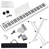 NikoMaku Semi-weighted 88 Keys Piano Keyboard Compact Portable Digital Piano Set for Beginners with Stand, Carrying Case, Sustain Pedal, Headphones, SWAN-S White