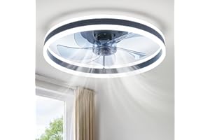 19.7 Inch Black Low Profile Ceiling Fan with Light and Remote, Flush Mount, Noiseless DC Motor, Reversible, 6 Speed with Time