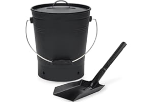 INNO STAGE Ash Bucket with Lid and Wood Handle Coal Shovel, Ash Carrier Pail Fireplace Tools,Fire Pit,Wood Burning Stove Black