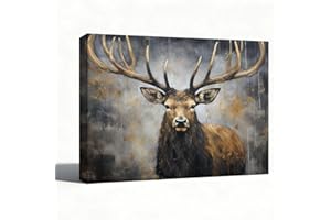 Elk Oil Painting Canvas Wall Art, Textured Antler Portrait Art Print, Moody Forest Wildlife Decor for Home Office Cabin, 8x10
