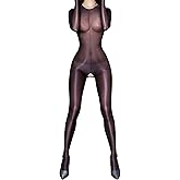 Riismen Women's Oil Shiny Crotchless Bodystocking Bodysuits Nylon Sheer Stretchy Jumpsuits Shapewear