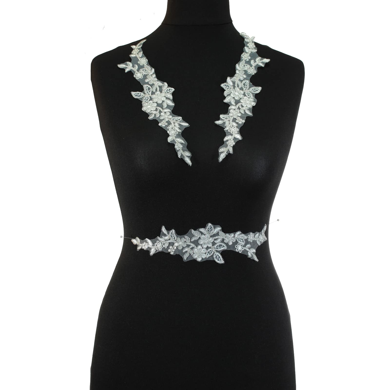 4 x Pieces Corded Lace Applique Wedding Motif Sew On #30 A (Metallic Silver)