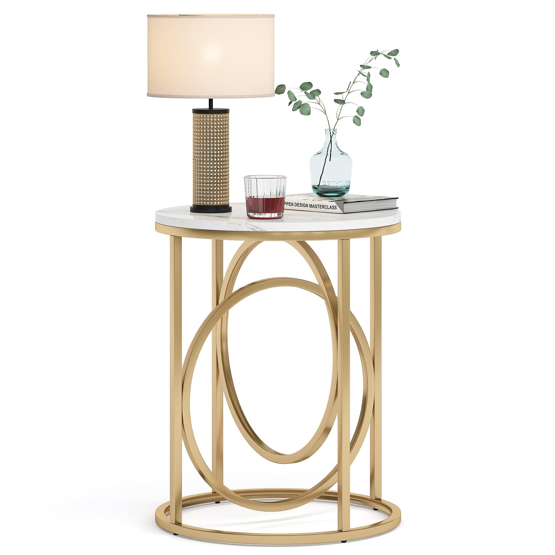 Photo 1 of Tribesigns Round End Table for Living Room, Modern Marble Side Table with Gold Metal Frame, White and Gold Accent Table, 26-Inch Tall Narrow Nightstand for Bedroom