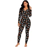 Halloween Sexy Onesie Pajamas Women One Piece Bodycon Romper Jumpsuit Adult | High-Stretch Fabric, Cozy Warmth, Long Sleeves and Pants, V-Neck Button Detail, Pumpkin Skeleton Print, Sleep and Lounge Wear