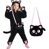 RISFUNIA Black Cat Costume for Girls, Halloween Costumes for Kids Dress Up | Animal Onesie Kids with Pink Ears Hood, Soft Tail and Paw Mittens, Cat Noir Costume for Christmas, Birthday and Roleplay