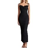 HTZMO Women's Tie Shoulder Formal Bodycon Maxi Dresses Sleeveless Ruffle Ruched Wedding Guest Cocktail Party Long Dress