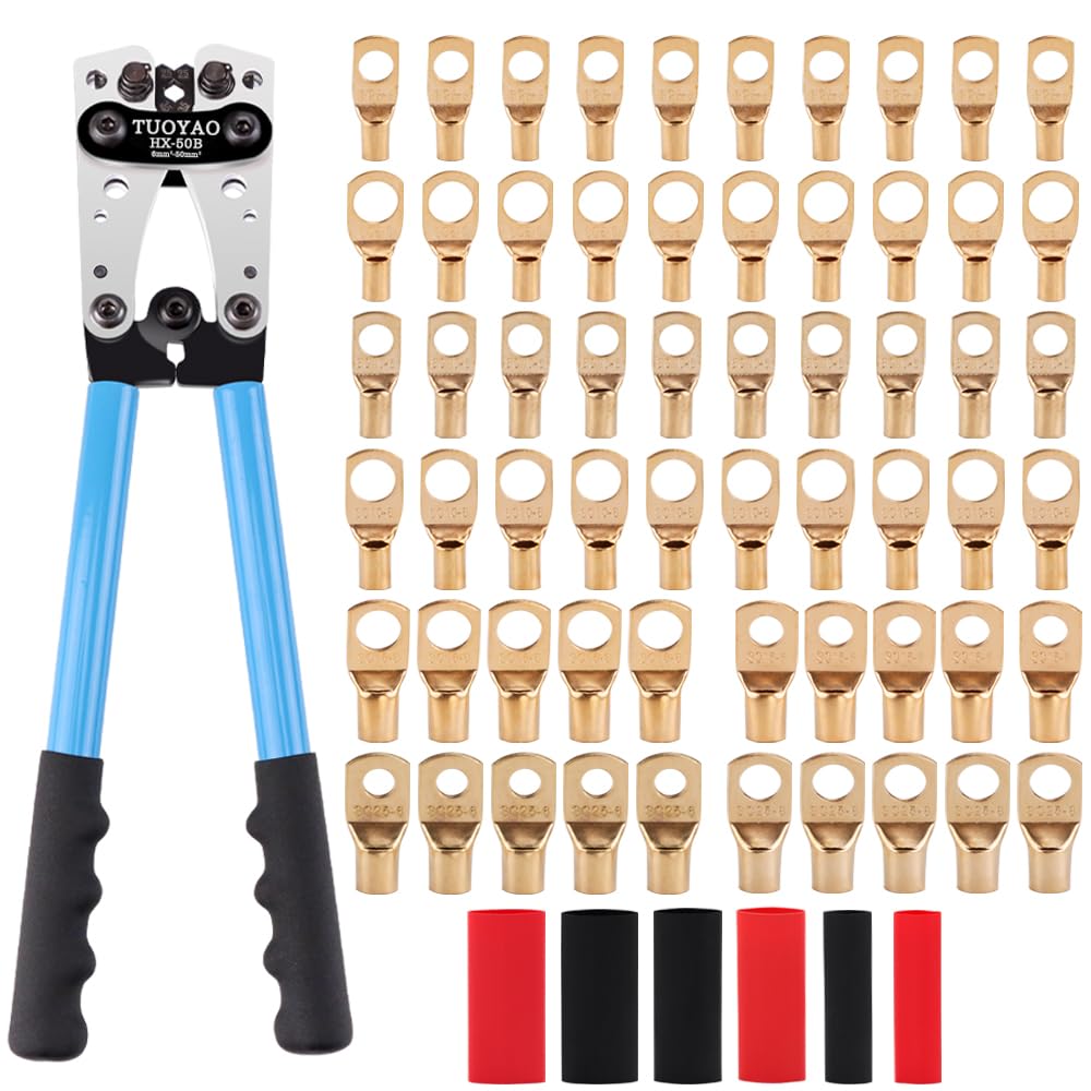 Photo 1 of TUOYAO Battery Cable Lug Crimping Tool,Electrical Lug Crimper with 60pcs Wire Lugs and Heat Shrink Tubing for AWG 10-1/0 Battery Terminal,Copper Lugs Terminals