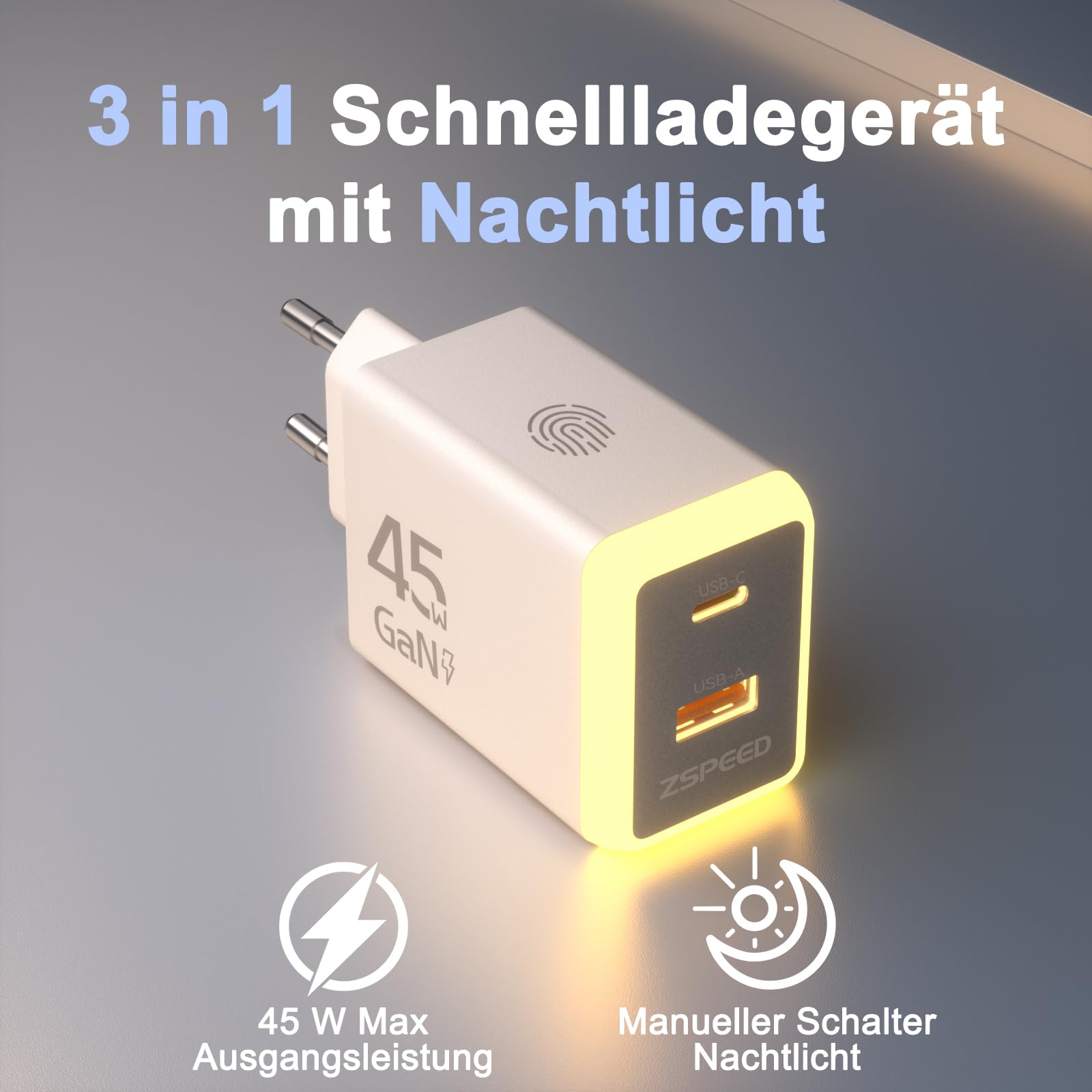45W USB C Ladegerät 2 Port Schnellladung mit Nachtlicht Steckdose Touch-Schalter.Charger USB C für iPhone 17 16 Pro Max, iPad Pro, Galaxy S25 S24 S23 Ultra.Für Schlafzimmer und Reisen 2